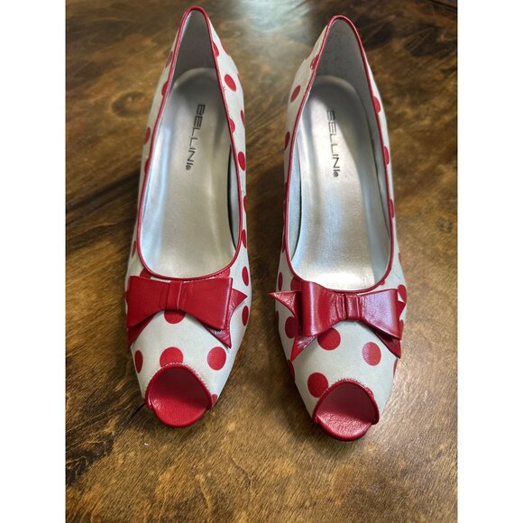 Red White Polka Dot Leather Peep Toe 2.5in Heels Bellini Bow  7 Retro Coquette - Picture 1 of 14
